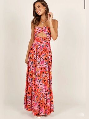New!All About May Pink Floral Cutout Keyhole Strapless Tiered Maxi Dress. Size 2